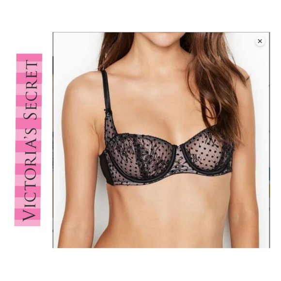 Victoria's Secret Dream Angels Black Dot Mesh Merry Widow Balconette Bra 32DD - Picture 1 of 7